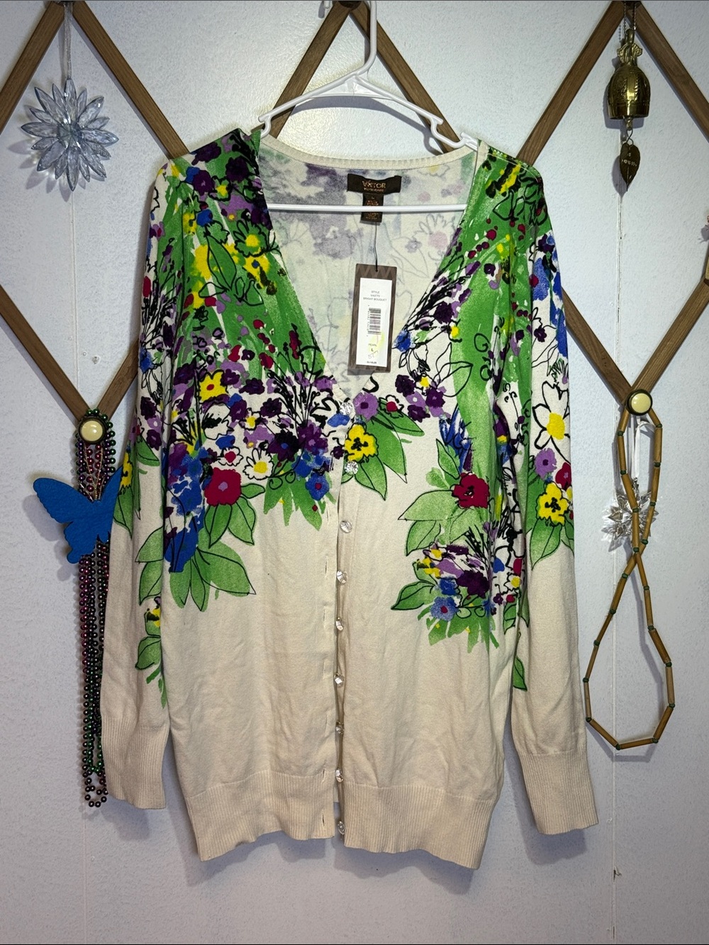 Victor Alfaro Cream Cardigan with Green Accents and Multicolor Floral Design
